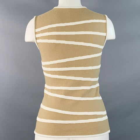 GIORGIO ARMANI Taille S Haut décontracté sans manches en mélange de laine mérinos texturée à rayures beige et blanc