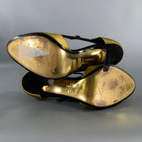 FENDI Size 7.5 Gold Black Satin Mary Jane Pumps