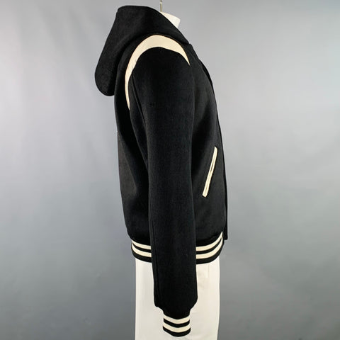 CELINE Size L Black White Patch Cotton Hooded Varsity Jacket