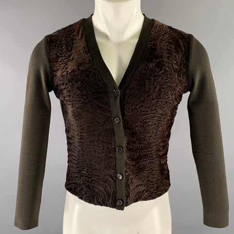 PRADA Size S Brown Lamb Fur Ribbed Wool Cardigan