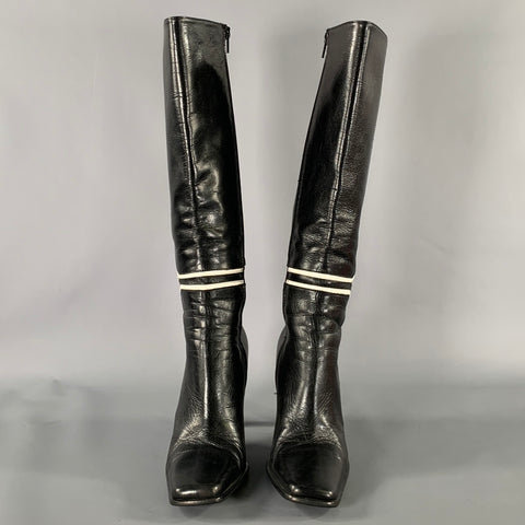 PAOLO IANTORNO Size 6 Black White Leather Geometric Knee Length Boots