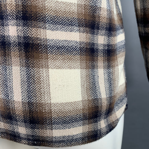 JOHN ELLIOTT Size S Beige Blue Brown Plaid Cotton One Pocket Long Sleeve Shirt