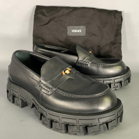 VERSACE Size 9 Black Gold Textured Leather Platform Loafers