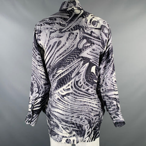 BILLIONAIRE COUTURE Size XL Grey Black White Print Silk Long Sleeve Shirt