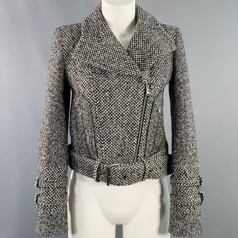 CARVEN Size M Grey Black Wool Blend Tweed Zip Up Belted Biker Jacket