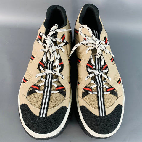 BURBERRY by RICARDO TISCI Size 12 Tan Black Red Stripe Mesh Low Top Sneakers
