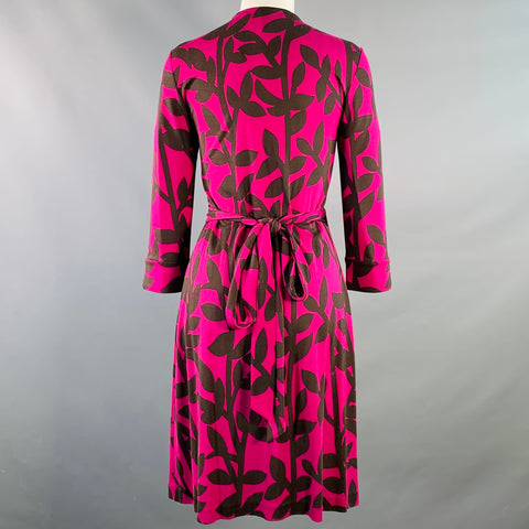 DIANE VON FURSTENBERG Size M Brown Magenta Silk Abstract Floral Wrap Dress