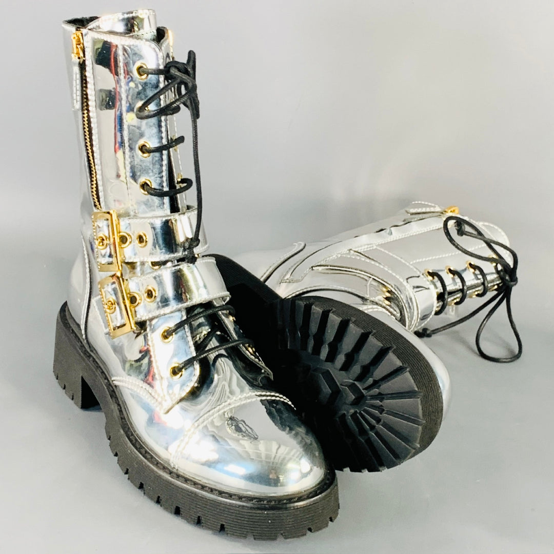 GIUSEPPE ZANOTTI Size 6 Metallic Silver Leather Belted Side Zipper Boots