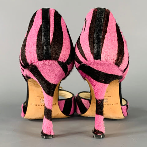 BRIAN ATWOOD Size 7.5 Pink Brown Stripe Calf Hair Peep Toe Heels Pumps