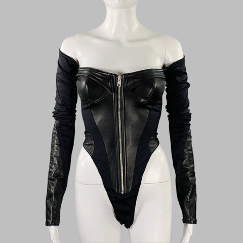 MUGLER Size 2 Black Lambskin Nylon Blend Bodysuit