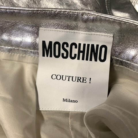 MOSCHINO COUTURE FW2018 Size 8 Silver Leather 182D A37055471 Metallic Sheep Skin Skirt