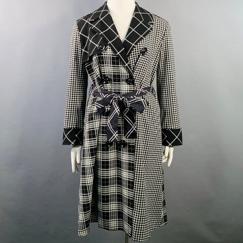 ALICE + OLIVIA Size L Black White Polyester Blend Plaid Double Breasted Belted Trenchcoat