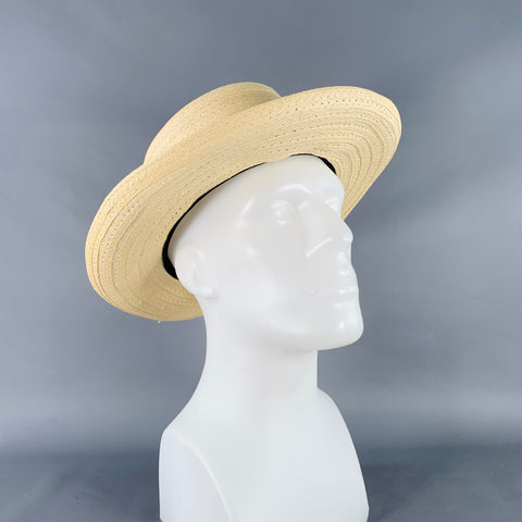 Chapeau de paille tressé VINTAGE taille L beige, marine et garniture à ruban rouge