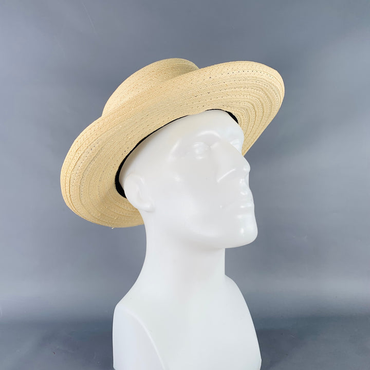 VINTAGE Size L Beige Navy Red Ribbon Trim Woven Straw Hat