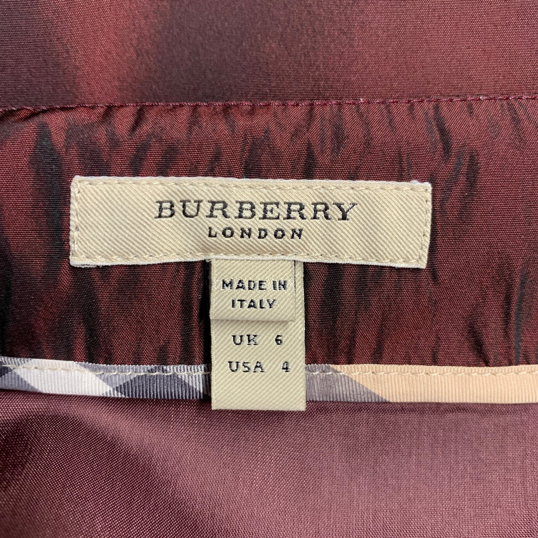 BURBERRY Size 4 Burgundy Polyester Taffeta Pleated Below Knee Skirt