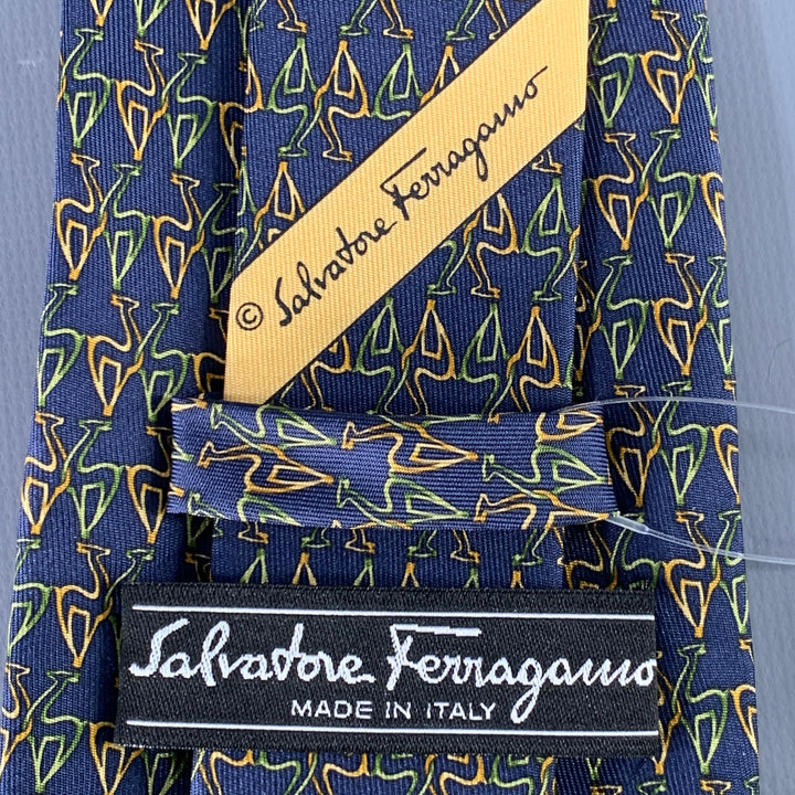 SALVATORE FERRAGAMO Navy Yellow Green Abstract Silk Tie