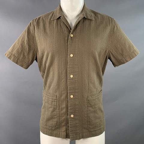 TAYLOR STITCH Size 40 Green Olive Stripe Organic Cotton Short Sleeve Shirt