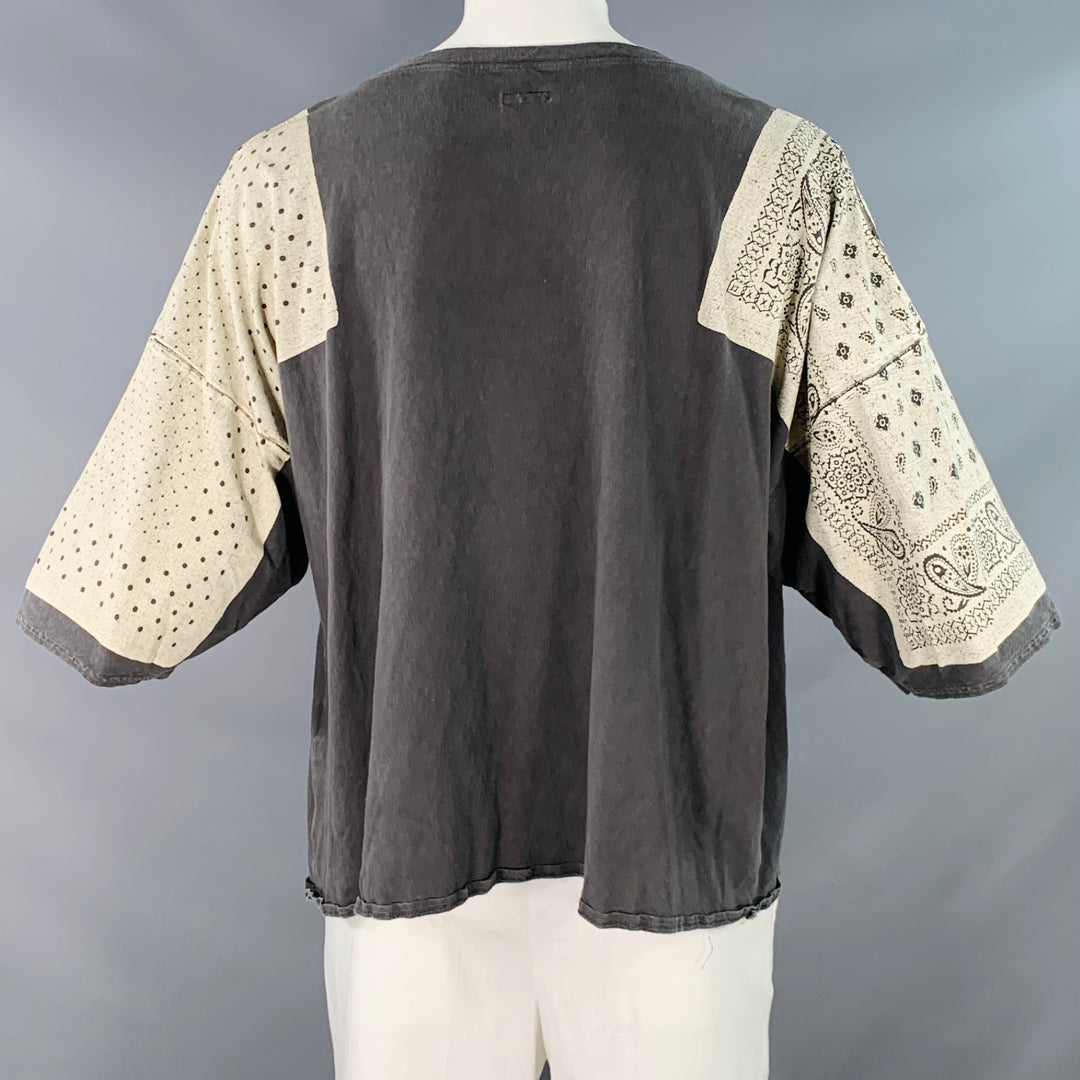 KAPITAL Size L Grey Cream Bandana Print Cotton One Pocket Oversized T-shirt