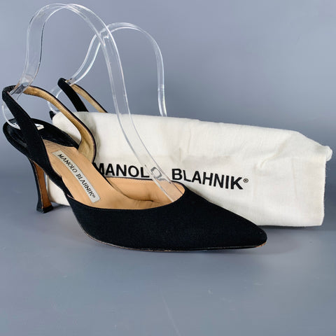 MANOLO BLAHNIK Size 7.5 Black Fabric Slingback Pumps