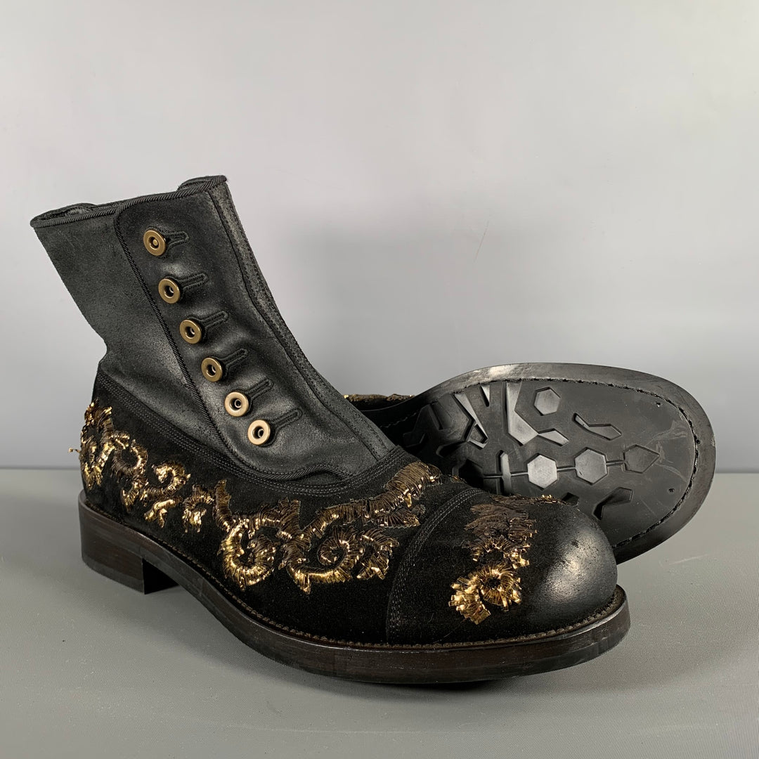 DOLCE & GABBANA Size 8.5 Black Gold Embroidery Leather Side Buttons Boots