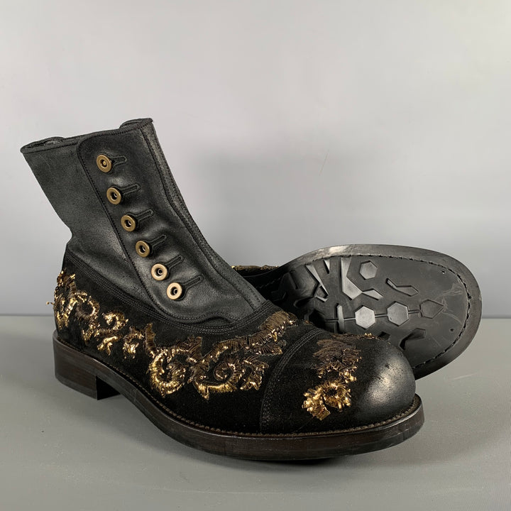 DOLCE & GABBANA Size 8.5 Black Gold Embroidery Leather Side Buttons Boots
