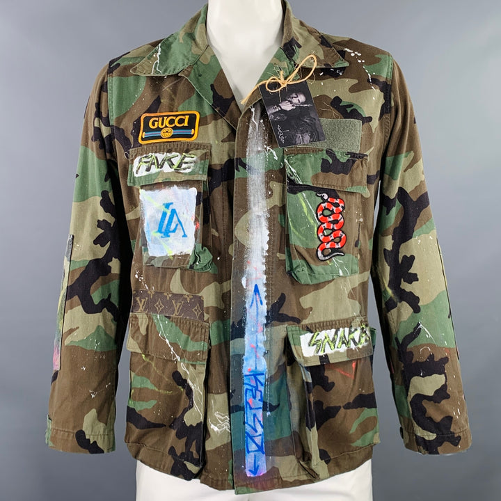 NO BRAND Size XL Green Multi Color Camouflage Handpainted Cotton Blend Jacket