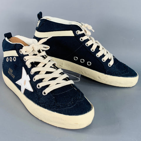 GOLDEN GOOSE MIDSTAR Size 7 Navy Cream Canvas Distressed Mid Top Sneakers
