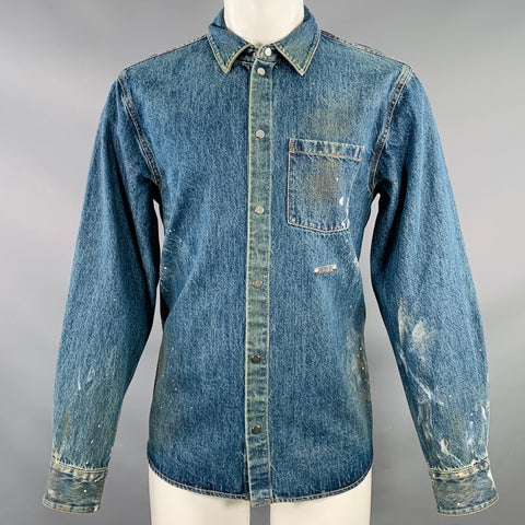 HELMUT LANG Size M Indigo Painter Blue Paint Splatter Cotton Denim One Pocket Long Sleeve Shirt