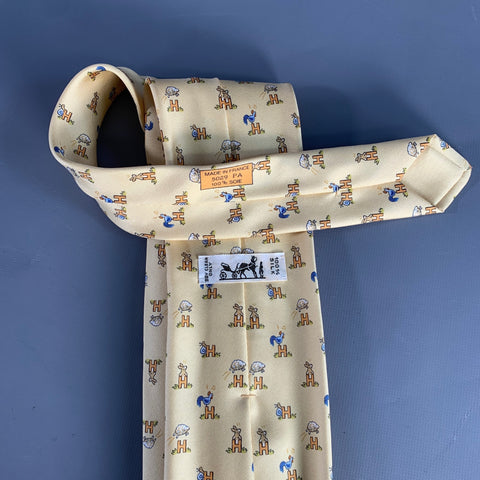 HERMES Green Multi-Color Monogram Silk Tie