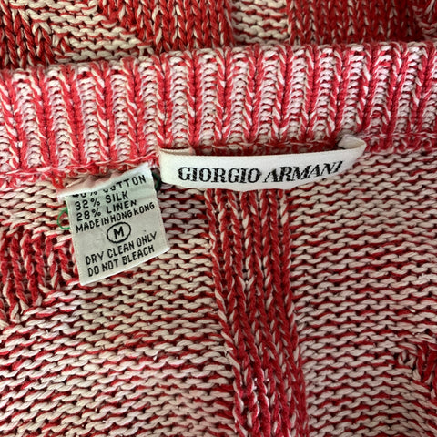 GIORGIO ARMANI Size M Red White Knit Cotton Blend V Neck Sweater