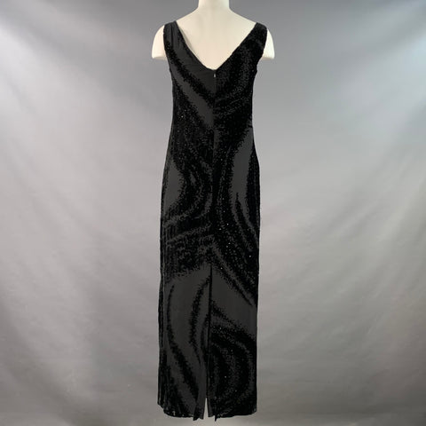 Robe longue de cocktail sans manches LAFAYETTE 148, taille 2P, en rayonne et soie noire avec perles et motif brûlé