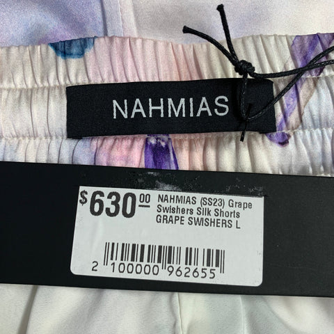 NAHMIAS Size L Grape Swishers Purple Cream Watercolor Silk Drawstring Shorts