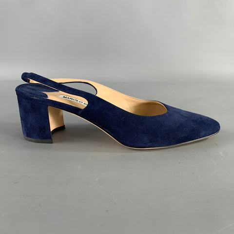 MANOLO BLAHNIK Size 8 Navy Suede Slingback Pumps