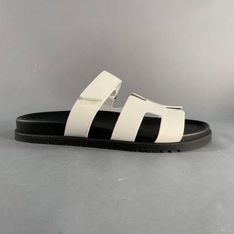 HERMES Size 9 White Black Leather Rubber Sole Sandals