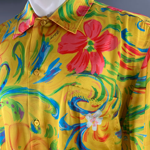 BALENCIAGA Size S Yellow Multi-Color Floral Polyester Short Sleeve Shirt
