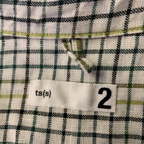 TS (S) Size M White Green Black Check Linen Pointed Collar Long Sleeve Shirt