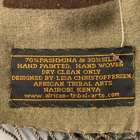 LISA CHRISTOFFERSEN Brown Olive African Tribal Pashmina Silk Handpainted Scarf Shawl