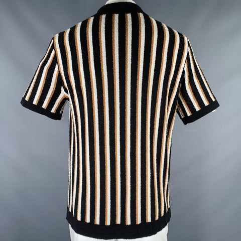 TODD SNYDER Size L Black White Brown Stripe Terry Cloth Short Sleeve Shirt