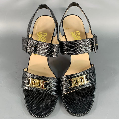 SALVATORE FERRAGAMO Size 9 Black Gold Snake Embossed Chunky Heel Slingback Sandals