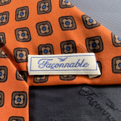 FACONNABLE Orange Brown Squares Silk Tie