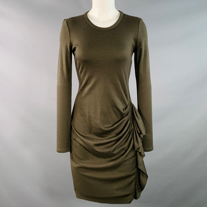 JOSEPH Size S Olive Green Wool Gathered Side Zipper Midi Dress