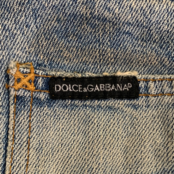 DOLCE & GABBANA Size 33 Heaven and Hell Blue White Hand Painted Denim Straight Distressed Jeans