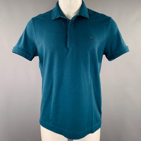 LACOSTE Size M Blue Solid Cotton Blend Regular Fit Hidden Buttons Polo