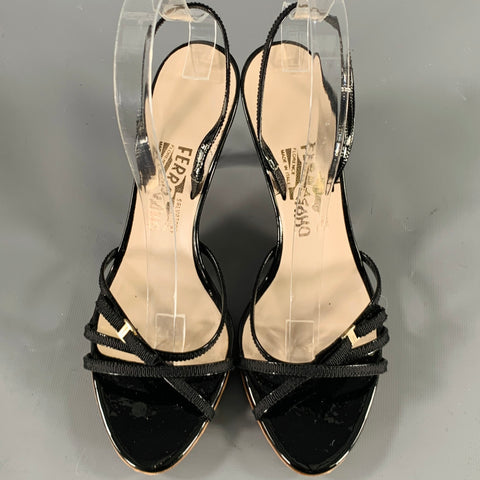 SALVATORE FERRAGAMO Size 8.5 Black Patent Leather Slingback Sandals