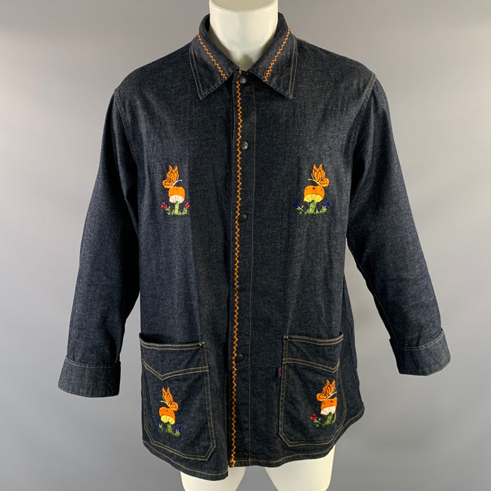 NEEDLES Size M Navy Orange Embroidery Cotton & Linen Button Up Long Sleeve Shirt