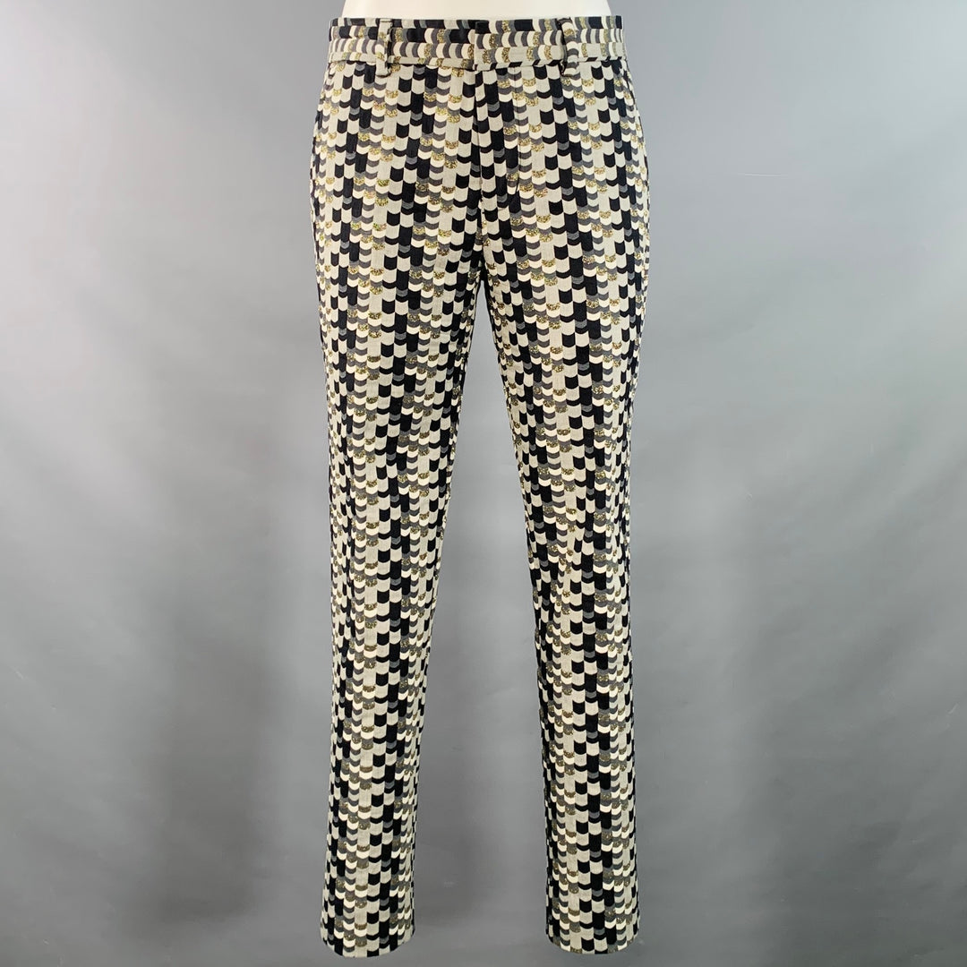 MR TURK Size 36 Regular Grey Black Gold Scales Jacquard Cotton Blend Suit