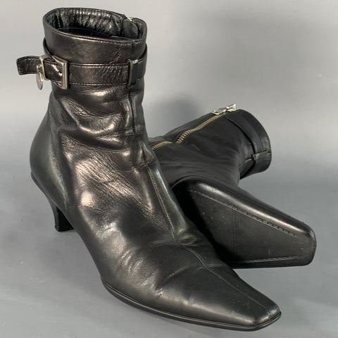 PRADA Size 7 Black Leather Kitten Heel Side Zipper Belted Ankle Boots