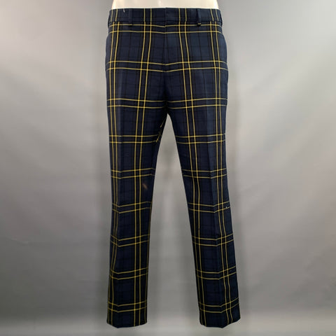 JOSEPH Chest Size 42 Navy Yellow Plaid Cotton Notch Lapel 34 30 Suit
