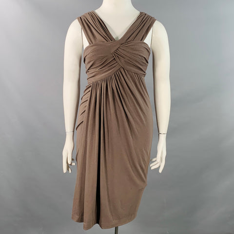 DONNA KARAN Size L Brown Wool Jersey Ruched Sleeveless Midi Dress