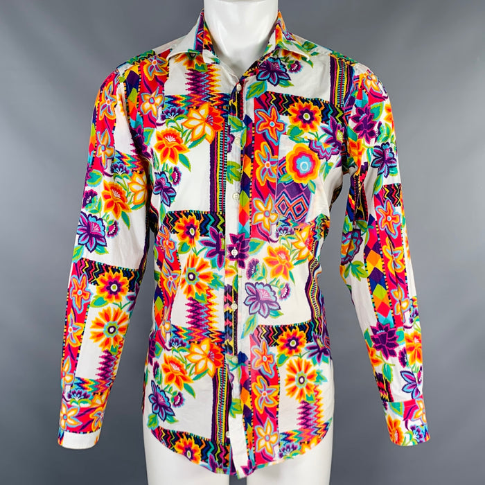 ETRO Size M White Multi-Color Print Cotton Button Up Long Sleeve Shirt